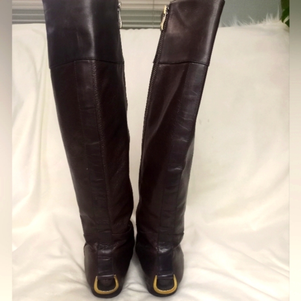 Saks Fifth Ave Leather Knee High Equestrian Riding Boot W Brass Hardware - Picture 4 of 7